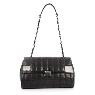 Chocolate Bar Chain Flap Bag Quilted Leather Medium Black 26890/01