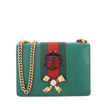 Gucci Web Peony Chain Shoulder Bag Embellished Leather Medium Green 2701101