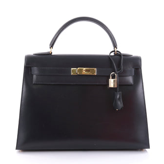 Hermes Kelly Handbag Blue Box Calf with Gold Hardware 32 2703001