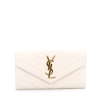 Saint Laurent Classic Monogram Flap Wallet Matelasse Chevron Leather Large White 2713901