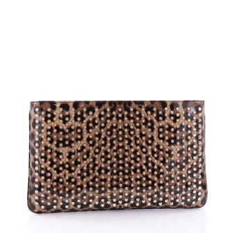 Christian Louboutin Loubiposh Clutch Printed Spiked Patent Brown 2727304