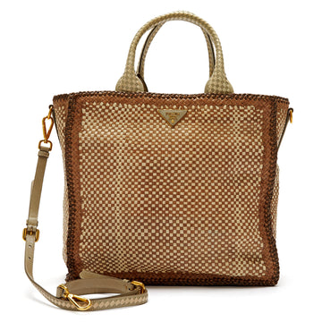 Prada Madras Two Handles Tote Woven Leather Large