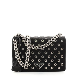Prada Grommet Chain Flap Shoulder Bag Tessuto with Soft Calfskin Small Black 2750301