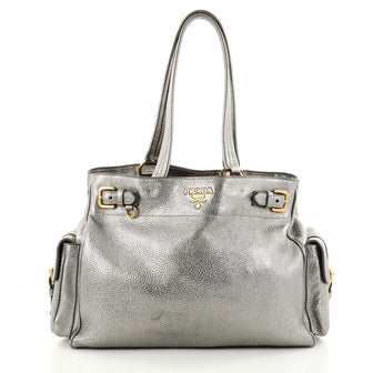 Prada Side Pocket Belt Tote Vitello Daino Medium Silver 2751903