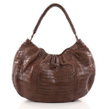 Nancy Gonzalez Braided Handle Hobo Pleated Crocodile Large Brown 2756703