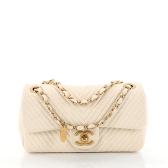 Chanel Medallion Charm Flap Bag Chevron Wrinkled Lambskin Small White 2769501
