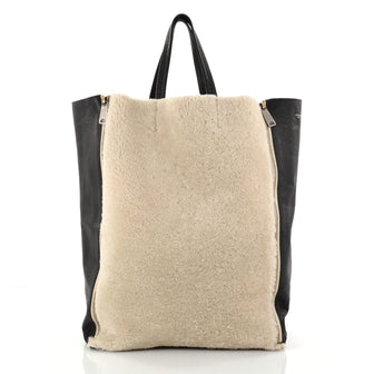 Celine Vertical Gusset Cabas Tote Shearling and Leather Large Black 2774701