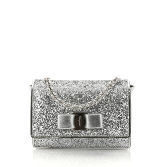 Salvatore Ferragamo Ginny Convertible Chain Handle Bag Glitter Patent Mini Silver 2785001