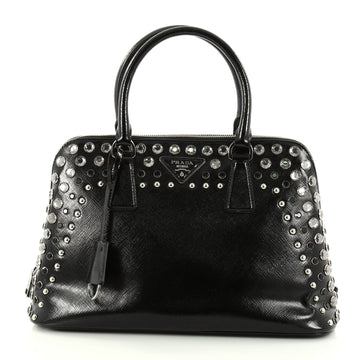 Prada Promenade Handbag Studded Vernice Saffiano Leather Medium Black 2787302