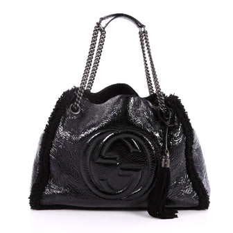 Gucci Soho Chain Strap Shoulder Bag Patent and Shearling Medium Black 2793501