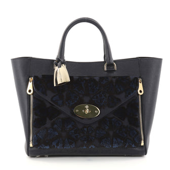Mulberry Willow Tote Leather and Jacquard Velvet Large Blue 2797301