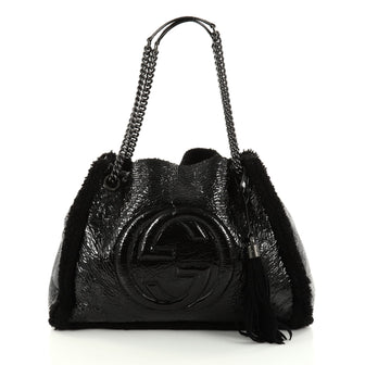 Gucci Soho Chain Strap Shoulder Bag Patent and Shearling Medium Black 2810301