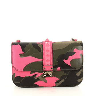 Valentino Glam Lock Shoulder Bag Camo Leather and Canvas Medium Green 2825304