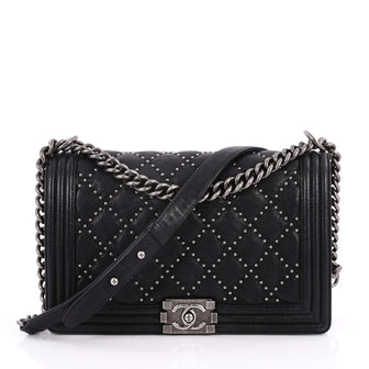 Chanel Boy Flap Bag Quilted Studded Distressed Calfskin New Medium Black 2833701