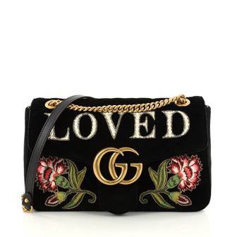 Gucci GG Marmont Flap Bag Embroidered Matelasse Velvet Medium Black 2840601