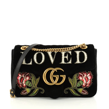 Gucci GG Marmont Flap Bag Embroidered Matelasse Velvet Medium Black 2840601