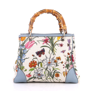 Gucci Bamboo Shopper Tote Flora Canvas Small Blue 2860202