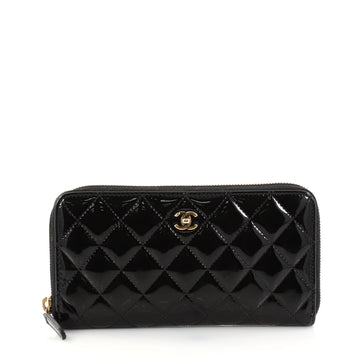 Chanel Zip Around Wallet Quilted Patent Long Black 2869203