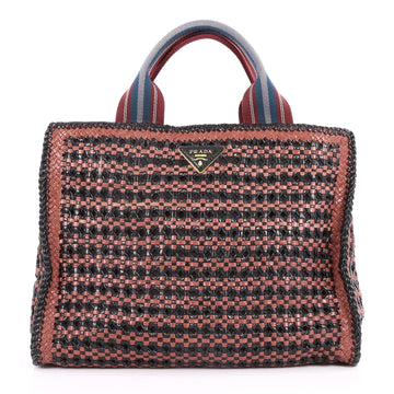 Prada Convertible Open Tote Madras Woven Leather Medium Black 2878201