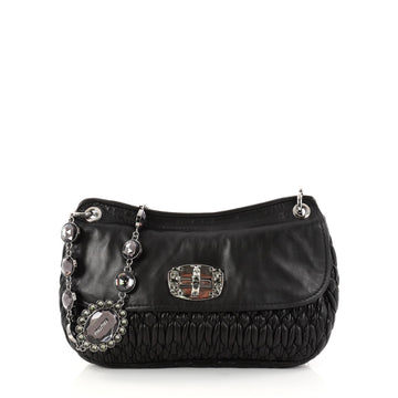 Miu Miu Crystal Flap Shoulder Bag Matelasse Leather Medium Black 2882101