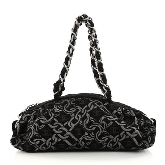 Chanel Zip Bowler Bag Chain Print Tweed Large Black 2889503