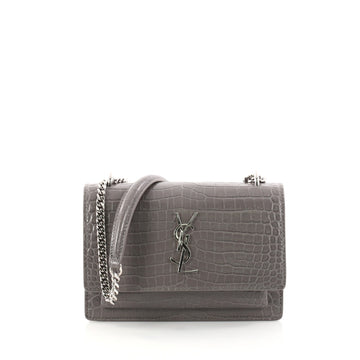Saint Laurent Sunset Chain Wallet Crocodile Embossed Gray 2897103