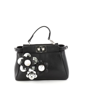 Fendi Peekaboo Handbag Floral Embellished Leather Micro Black 2908001