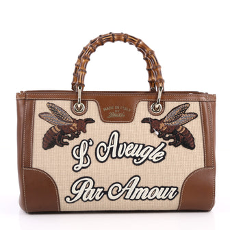 Gucci Bamboo Web Shopper Tote Embroidered Cross Stitch Brown 2908903