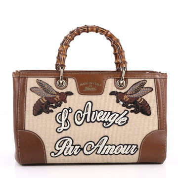 Gucci Bamboo Web Shopper Tote Embroidered Cross Stitch Brown 2908903
