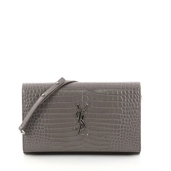 Saint Laurent Classic Monogram Chain Wallet Crocodile Embossed Leather Gray 2937502