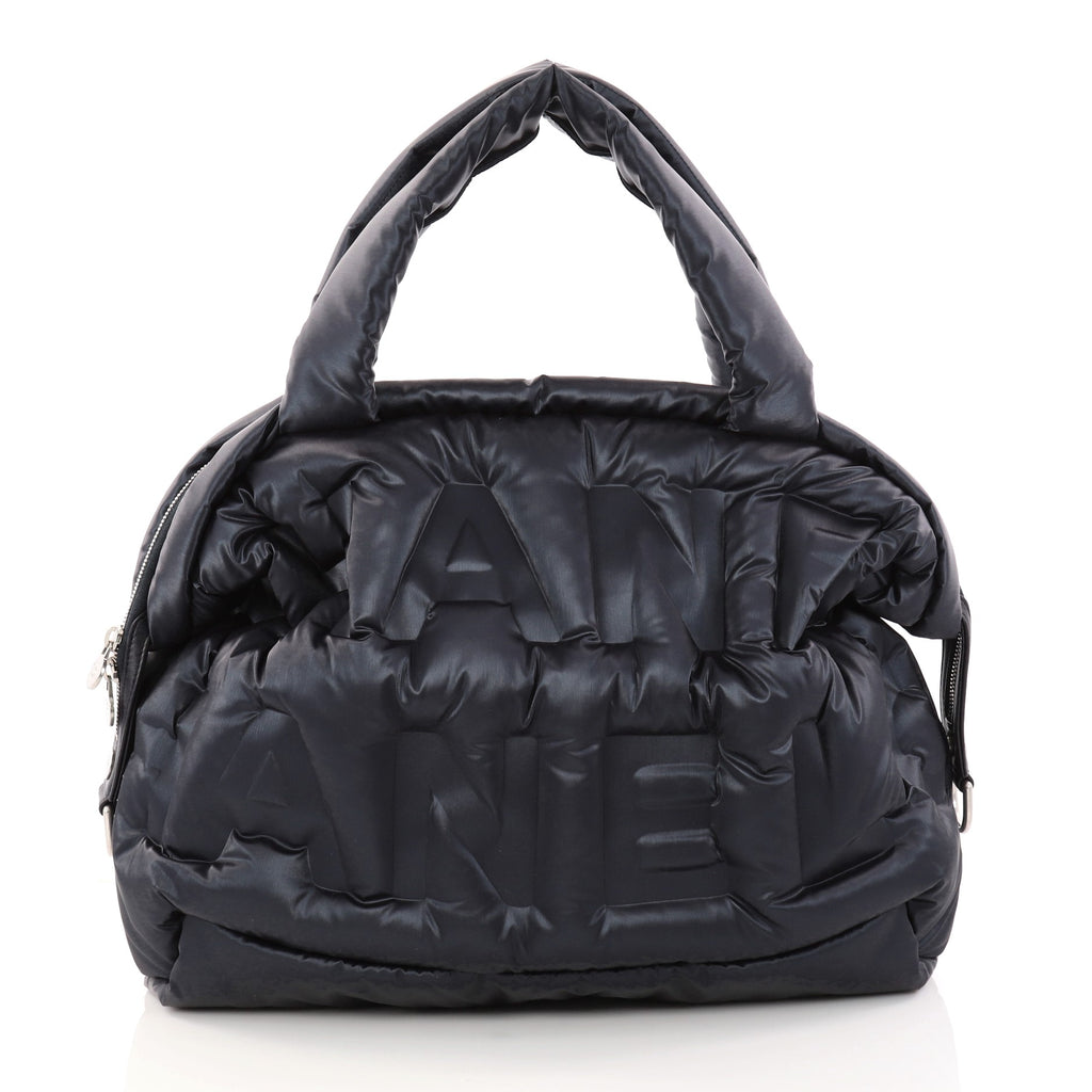 CHANEL Doudoune Embossed Nylon Bowling Bag in Black with White and