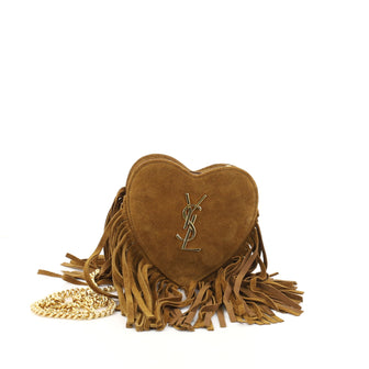 Saint Laurent Fringe Love Heart Chain Bag Suede Mini Brown 2939004