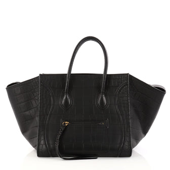 Celine Phantom Handbag Crocodile Embossed Leather Medium Black 2956801