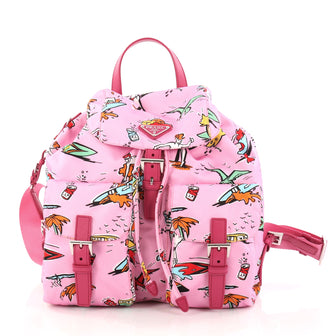 Prada Double Front Pocket Backpack Printed Tessuto Pink 2972202