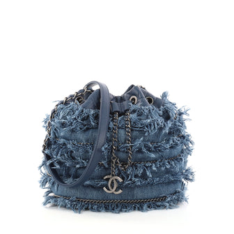 Chanel Drawstring Charm Bucket Bag Fringe Denim Blue 2980202