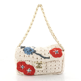 Chanel Camellia Crochet Flap Bag Fabric Small White 3009802