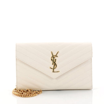 Saint Laurent Classic Monogram Wallet on Chain Matelasse Chevron Leather Medium White 3097702