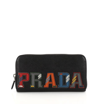 Prada Patches Zip Wallet Saffiano Leather Black 3128002