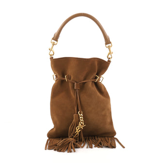 Saint Laurent Monogram Flat Bucket Bag Suede Fringe Small Brown 3134504