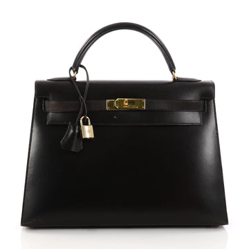 Buy Hermes Kelly Handbag Black Box Calf with Gold Hardware 3144401