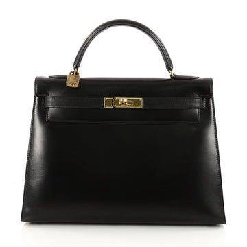 Hermes Kelly Handbag Black Box Calf with Gold Hardware Black 3186001