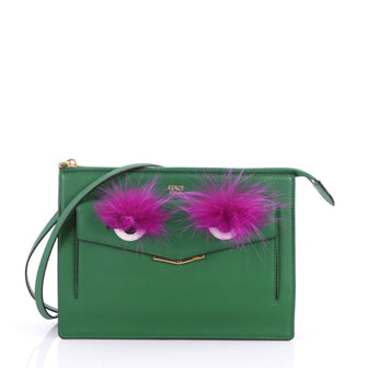 Fendi Monster Front Pocket Clutch Leather with Fur Green 3186404