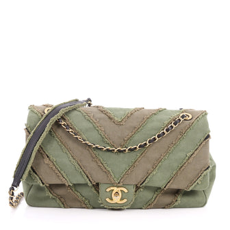 Chanel CC Flap Bag Chevron Canvas Patchwork Maxi Green 3195902