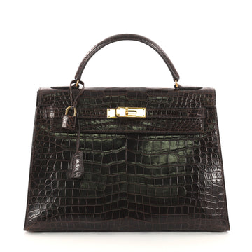Hermes Kelly Handbag Brown Shiny Porosus Crocodile with Brown 3198801