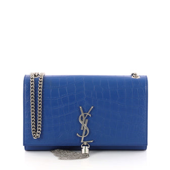 Saint Laurent Classic Monogram Tassel Crossbody Bag Crocodile Embossed Leather Medium Blue 3201101