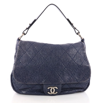 Chanel On the Road Flap Bag Quilted Leather Large Blue 3210601