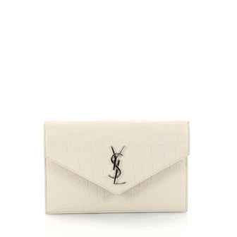 Saint Laurent Classic Monogram Wallet on Chain Crocodile Embossed Leather Small White 3217101