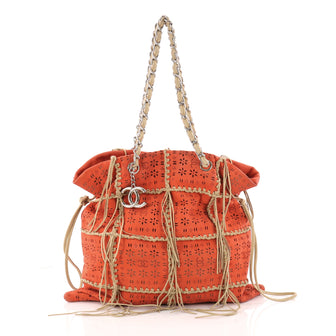 Chanel CC Drawstring Tote Fringe Laser Cut Leather Large Red 3218701