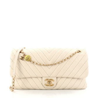 Chanel Medallion Charm Flap Bag Chevron Calfskin Jumbo White 3220701