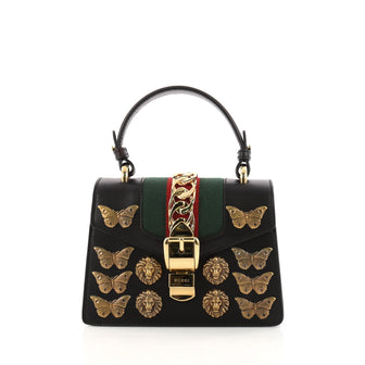Gucci Sylvie Top Handle Bag Embellished Leather Mini  Black 3242001